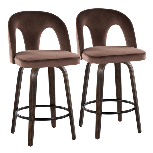 Fixed-Height Counter Stool with Swivel in Walnut Glazed Wood and Espresso Velvet with Round Black Metal Footrest - Set of 2