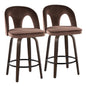 Fixed-Height Counter Stool with Swivel in Walnut Glazed Wood and Espresso Velvet with Round Black Metal Footrest - Set of 2
