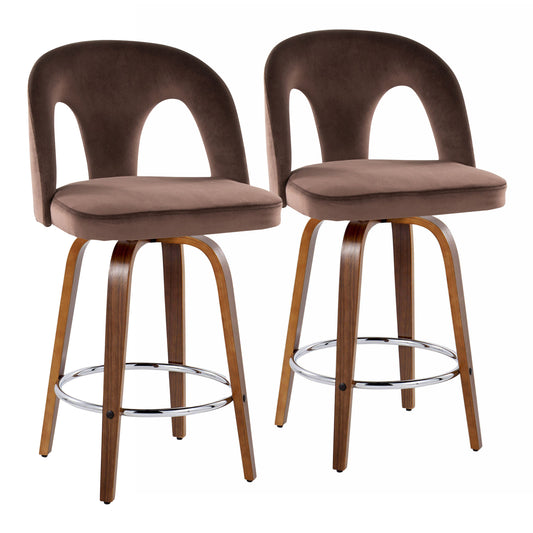 Fixed-Height Counter Stool with Swivel in Walnut Wood and Espresso Velvet with Round Chrome Metal Footrest - Set of 2