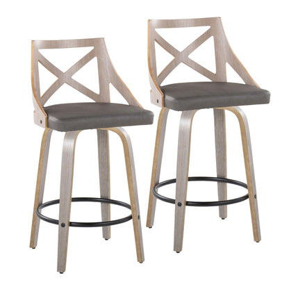 Fixed-Height Counter Stool with Swivel in Light Grey Wood and Grey Faux Leather with Round Black Metal Footrest - Set of 2