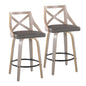 Fixed-Height Counter Stool with Swivel in Light Grey Wood and Grey Faux Leather with Round Black Metal Footrest - Set of 2