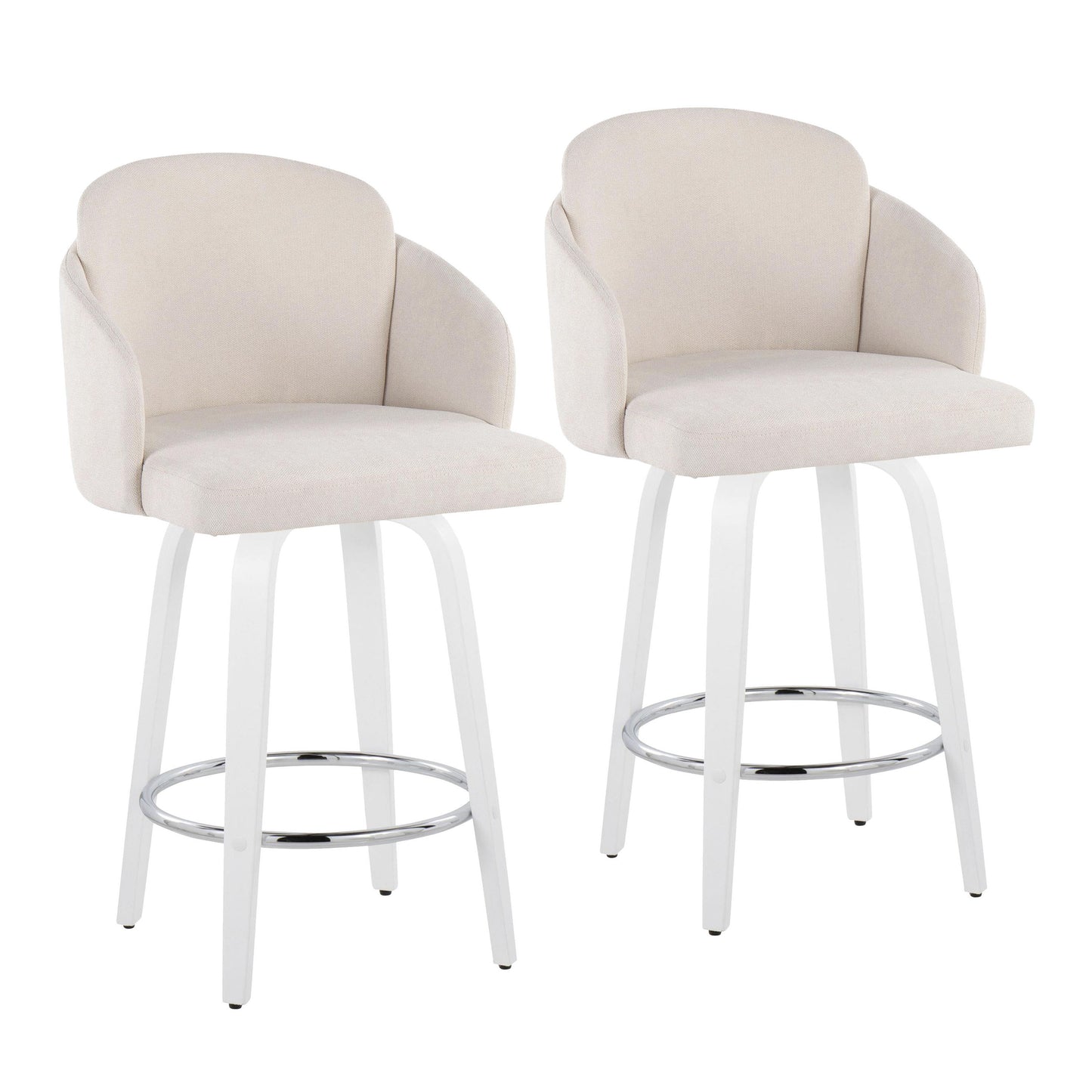 Fixed-Height Counter Stool with Swivel in White Wood and Cream Fabric with Round Chrome Footrest - Set of 2