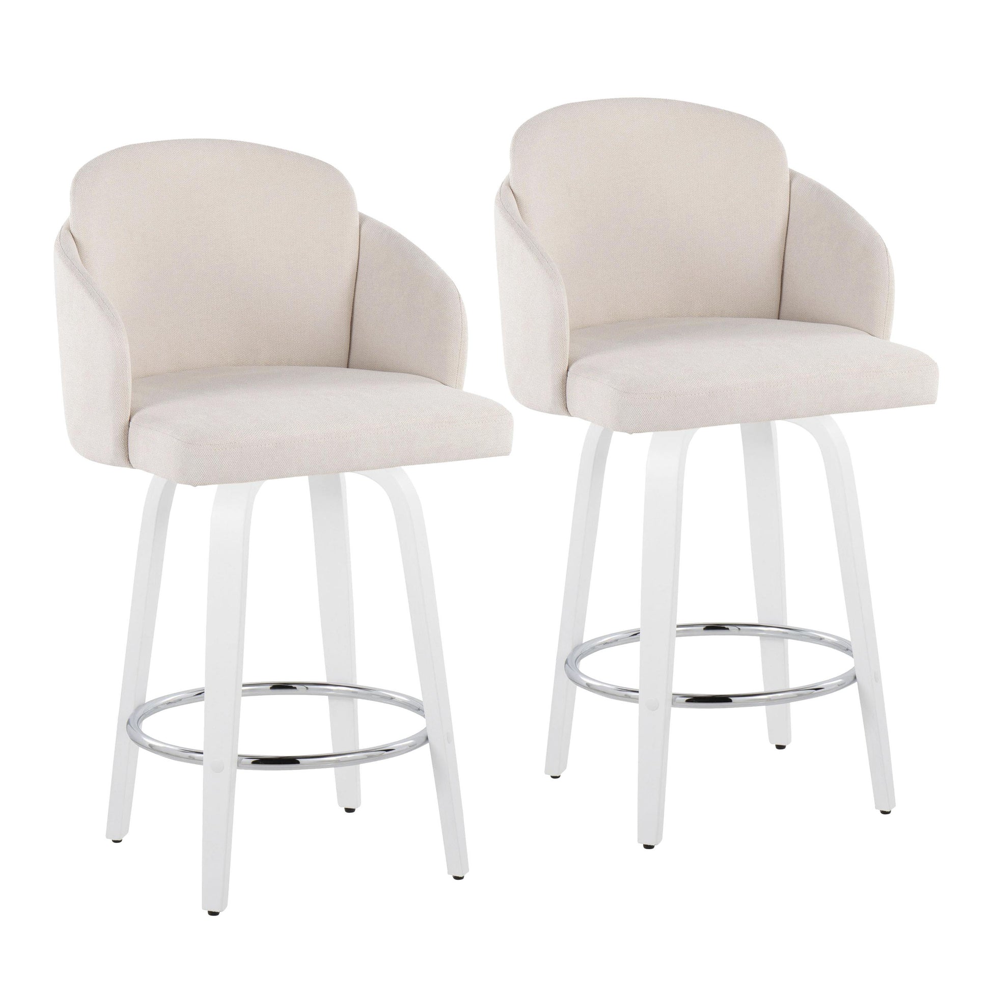 Fixed-Height Counter Stool with Swivel in White Wood and Cream Fabric with Round Chrome Footrest - Set of 2