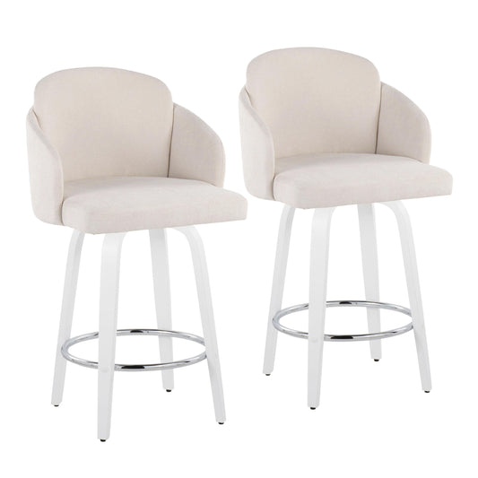 Fixed-Height Counter Stool with Swivel in White Wood and Cream Fabric with Round Chrome Footrest - Set of 2