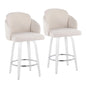 Fixed-Height Counter Stool with Swivel in White Wood and Cream Fabric with Round Chrome Footrest - Set of 2