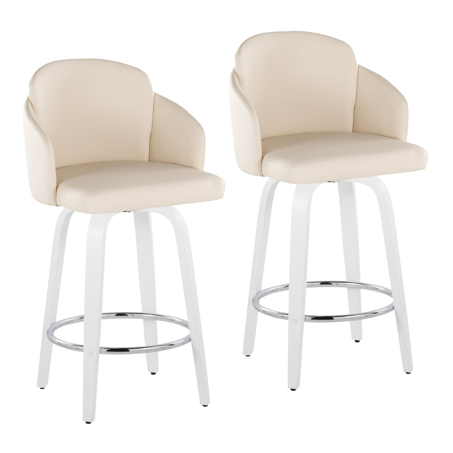 Fixed-Height Counter Stool with Swivel in White Wood and Cream Faux Leather with Round Chrome Footrest - Set of 2