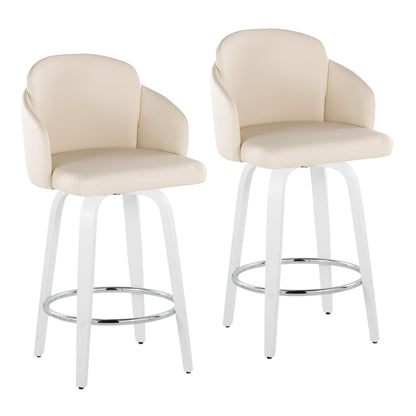 Fixed-Height Counter Stool with Swivel in White Wood and Cream Faux Leather with Round Chrome Footrest - Set of 2