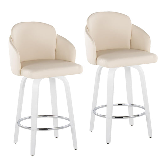 Fixed-Height Counter Stool with Swivel in White Wood and Cream Faux Leather with Round Chrome Footrest - Set of 2