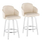 Fixed-Height Counter Stool with Swivel in White Wood and Cream Faux Leather with Round Chrome Footrest - Set of 2