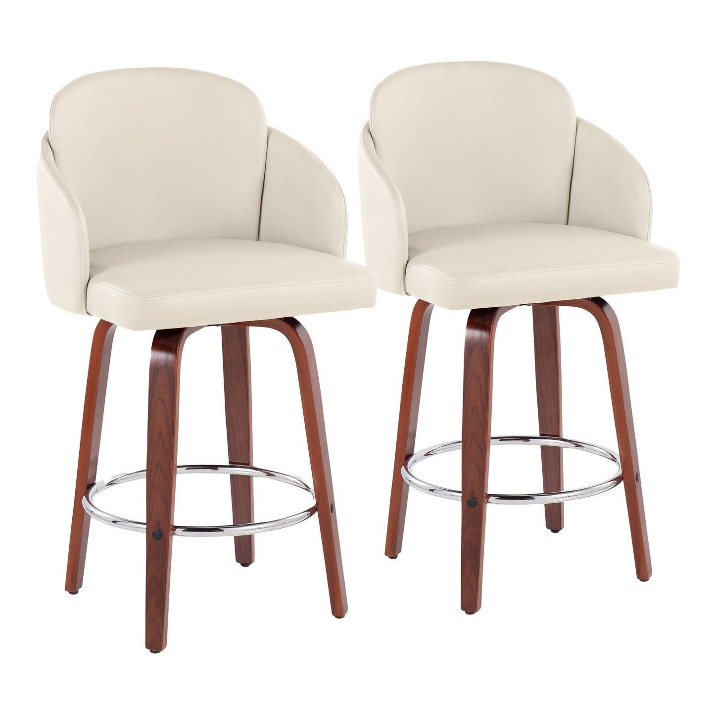 Fixed-Height Counter Stool with Swivel in Walnut Wood and Cream Faux Leather with Round Chrome Footrest - Set of 2