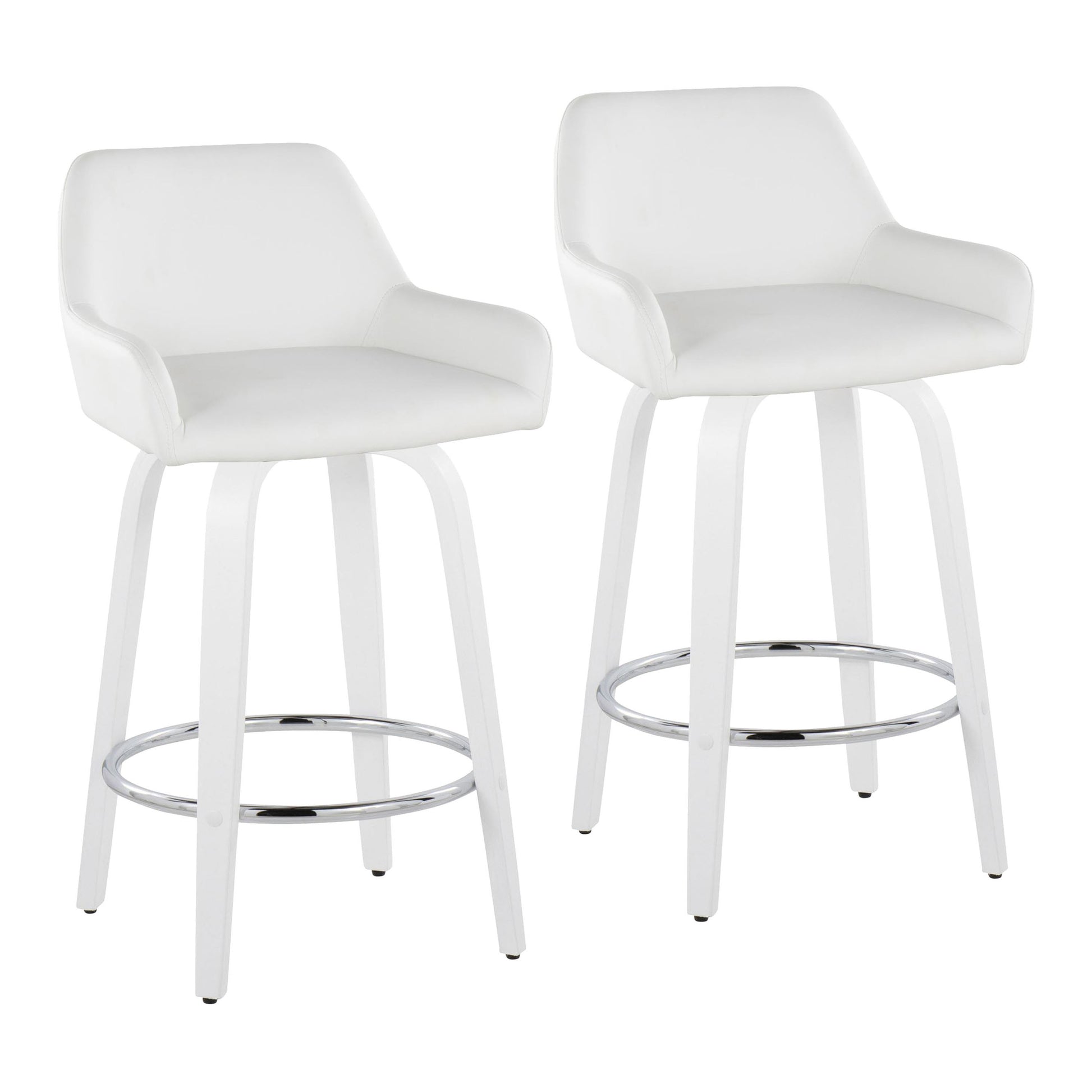 Fixed-Height Counter Stool with Swivel in White Wood and White Faux Leather with Round Chrome Footrest - Set of 2