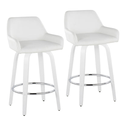 Fixed-Height Counter Stool with Swivel in White Wood and White Faux Leather with Round Chrome Footrest - Set of 2