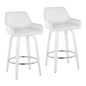 Fixed-Height Counter Stool with Swivel in White Wood and White Faux Leather with Round Chrome Footrest - Set of 2