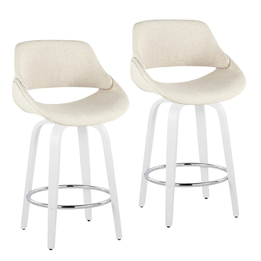 Fixed-Height Counter Stool with Swivel in White Wood and Cream Fabric with Round Chrome Footrest - Set of 2