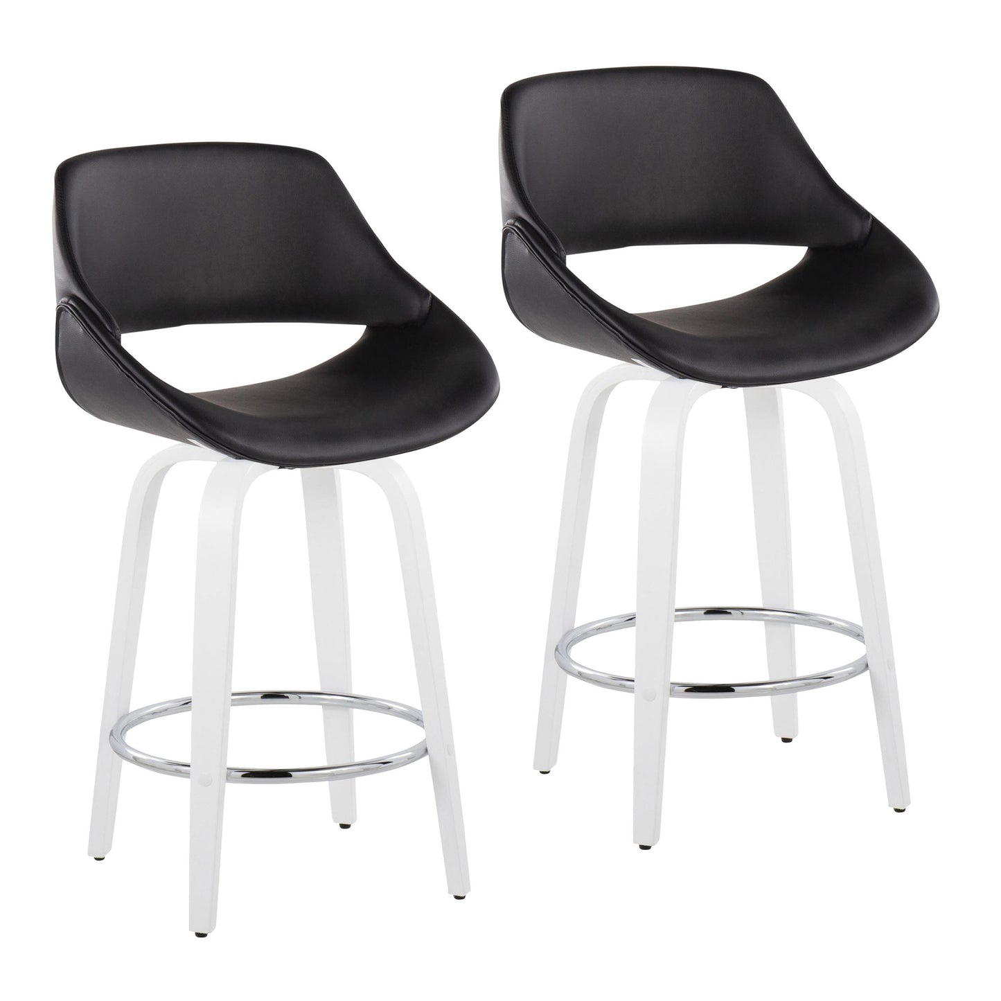 Fixed-Height Counter Stool with Swivel in White Wood and Black Faux Leather with Round Chrome Footrest - Set of 2