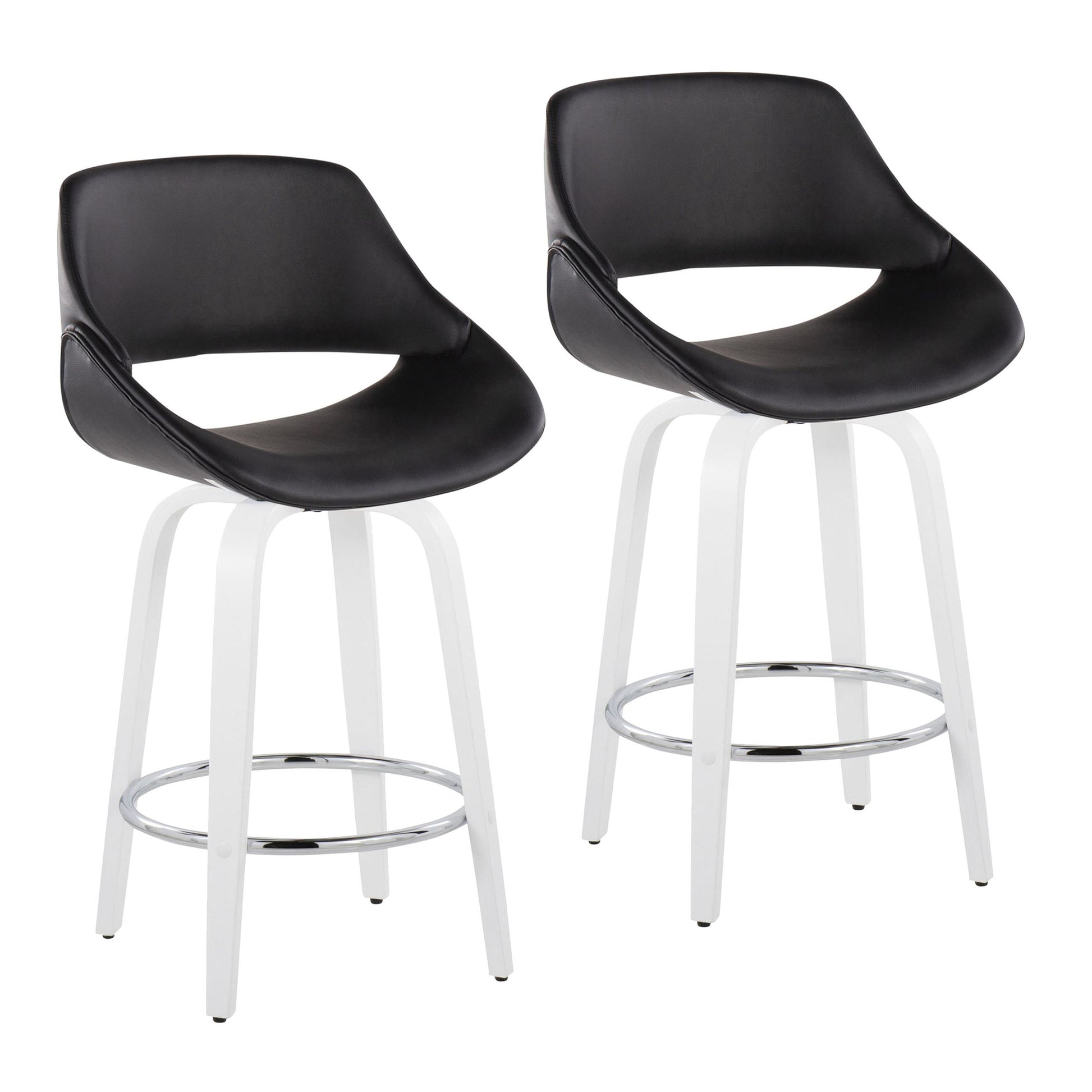 Fixed-Height Counter Stool with Swivel in White Wood and Black Faux Leather with Round Chrome Footrest - Set of 2