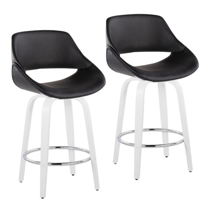 Fixed-Height Counter Stool with Swivel in White Wood and Black Faux Leather with Round Chrome Footrest - Set of 2