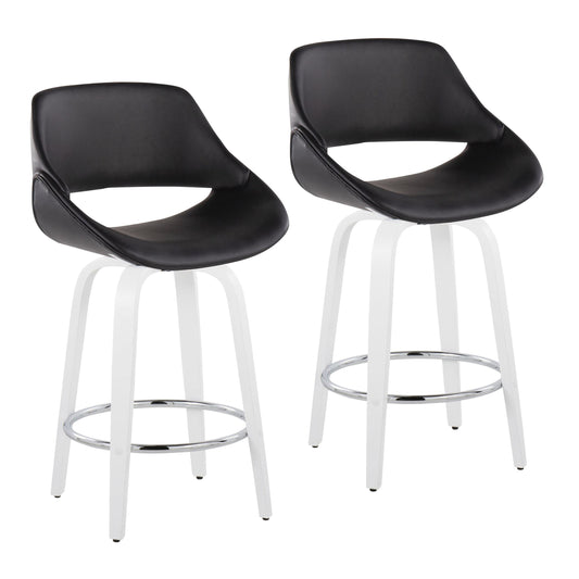 Fixed-Height Counter Stool with Swivel in White Wood and Black Faux Leather with Round Chrome Footrest - Set of 2