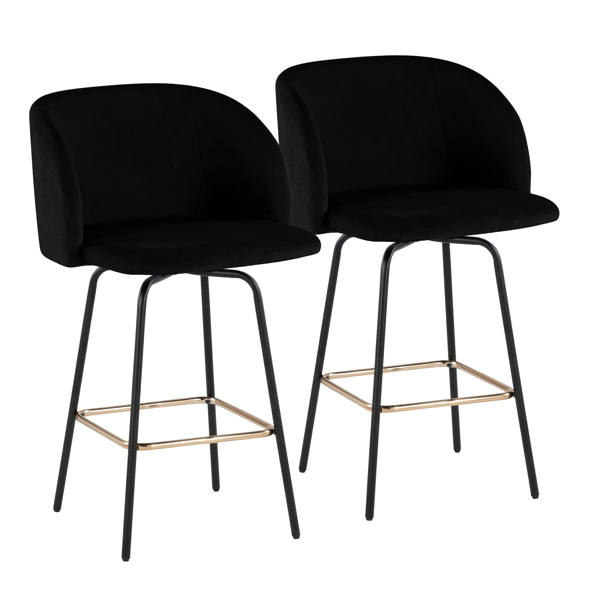 Fixed-Height Counter Stool with Swivel in Black Metal and Black Velvet with Square Gold Metal Footrest - Set of 2