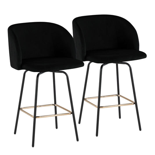Fixed-Height Counter Stool with Swivel in Black Metal and Black Velvet with Square Gold Metal Footrest - Set of 2