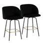 Fixed-Height Counter Stool with Swivel in Black Metal and Black Velvet with Square Gold Metal Footrest - Set of 2