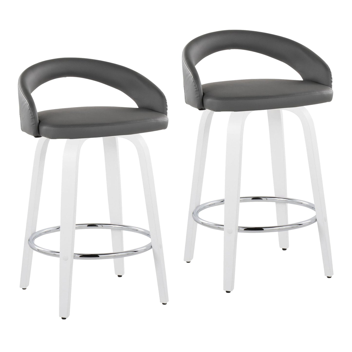 Fixed-Height Counter Stool with Swivel in White Wood and Grey Faux Leather with Round Chrome Footrest - Set of 2