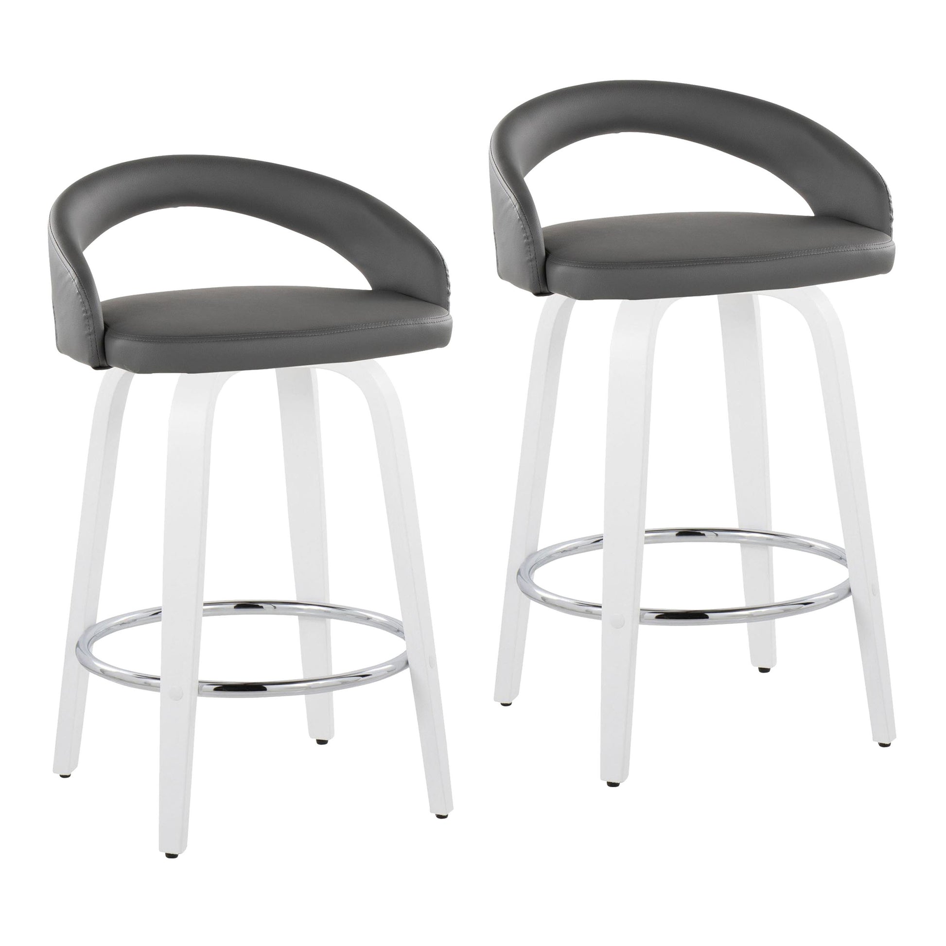 Fixed-Height Counter Stool with Swivel in White Wood and Grey Faux Leather with Round Chrome Footrest - Set of 2