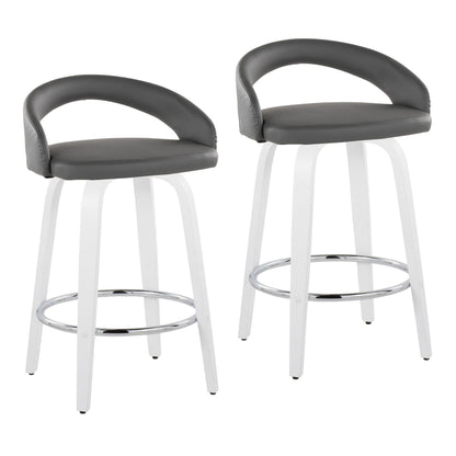 Fixed-Height Counter Stool with Swivel in White Wood and Grey Faux Leather with Round Chrome Footrest - Set of 2