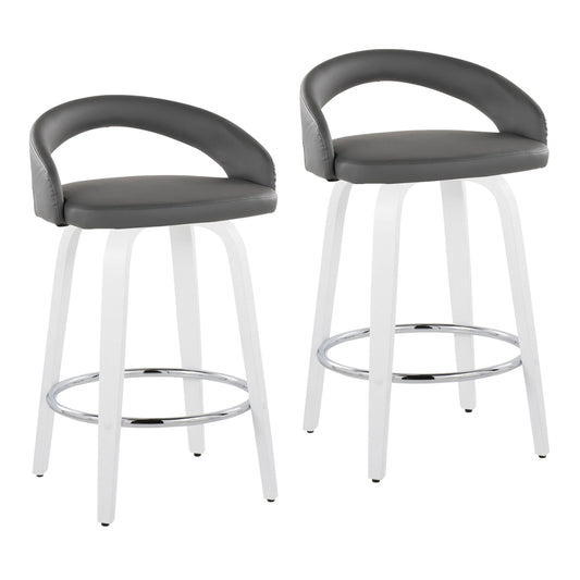 Fixed-Height Counter Stool with Swivel in White Wood and Grey Faux Leather with Round Chrome Footrest - Set of 2