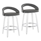 Fixed-Height Counter Stool with Swivel in White Wood and Grey Faux Leather with Round Chrome Footrest - Set of 2
