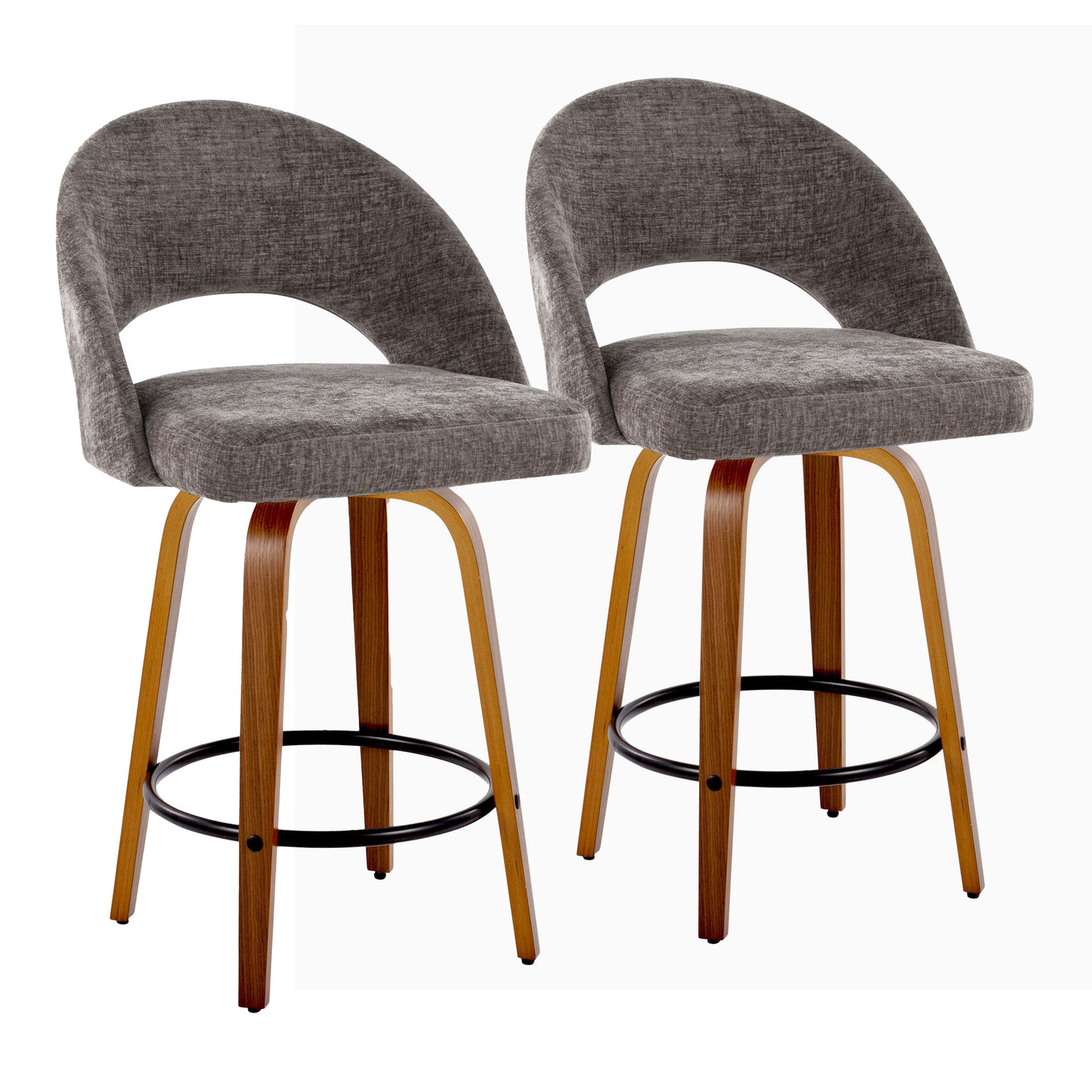 Fixed-Height Counter Stool in Walnut Wood and Dark Grey Fabric with Round Black Metal Footrest - Set of 2