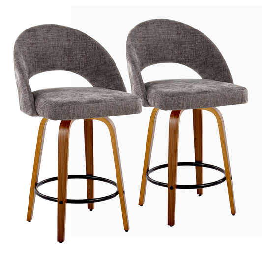 Fixed-Height Counter Stool in Walnut Wood and Dark Grey Fabric with Round Black Metal Footrest - Set of 2