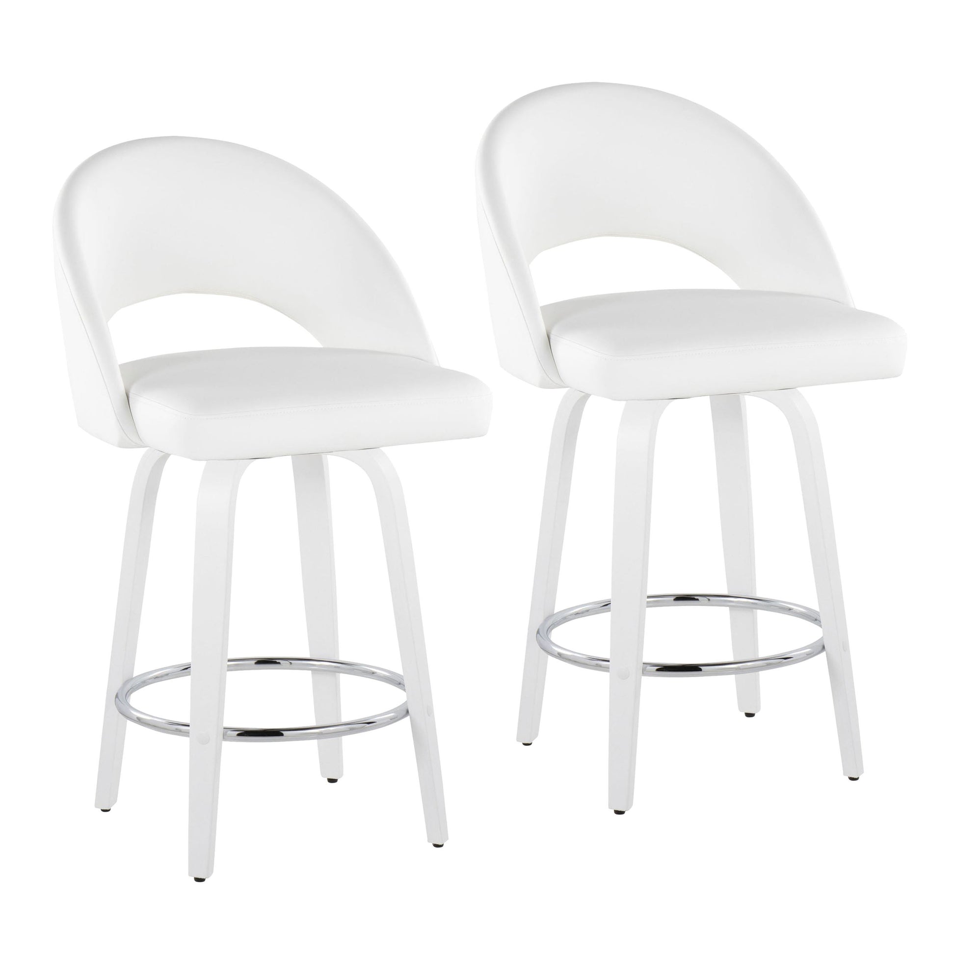 Fixed-Height Counter Stool with Swivel in White Wood and White Faux Leather with Round Chrome Footrest - Set of 2