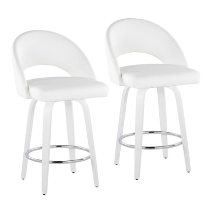 Fixed-Height Counter Stool with Swivel in White Wood and White Faux Leather with Round Chrome Footrest - Set of 2
