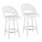Fixed-Height Counter Stool with Swivel in White Wood and White Faux Leather with Round Chrome Footrest - Set of 2