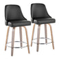 26" Fixed-Height Counter Stool with Swivel in Light Grey Wood and Black Faux Leather with Chrome Nailhead Trim and Round Chrome Metal Footrest - Set of 2