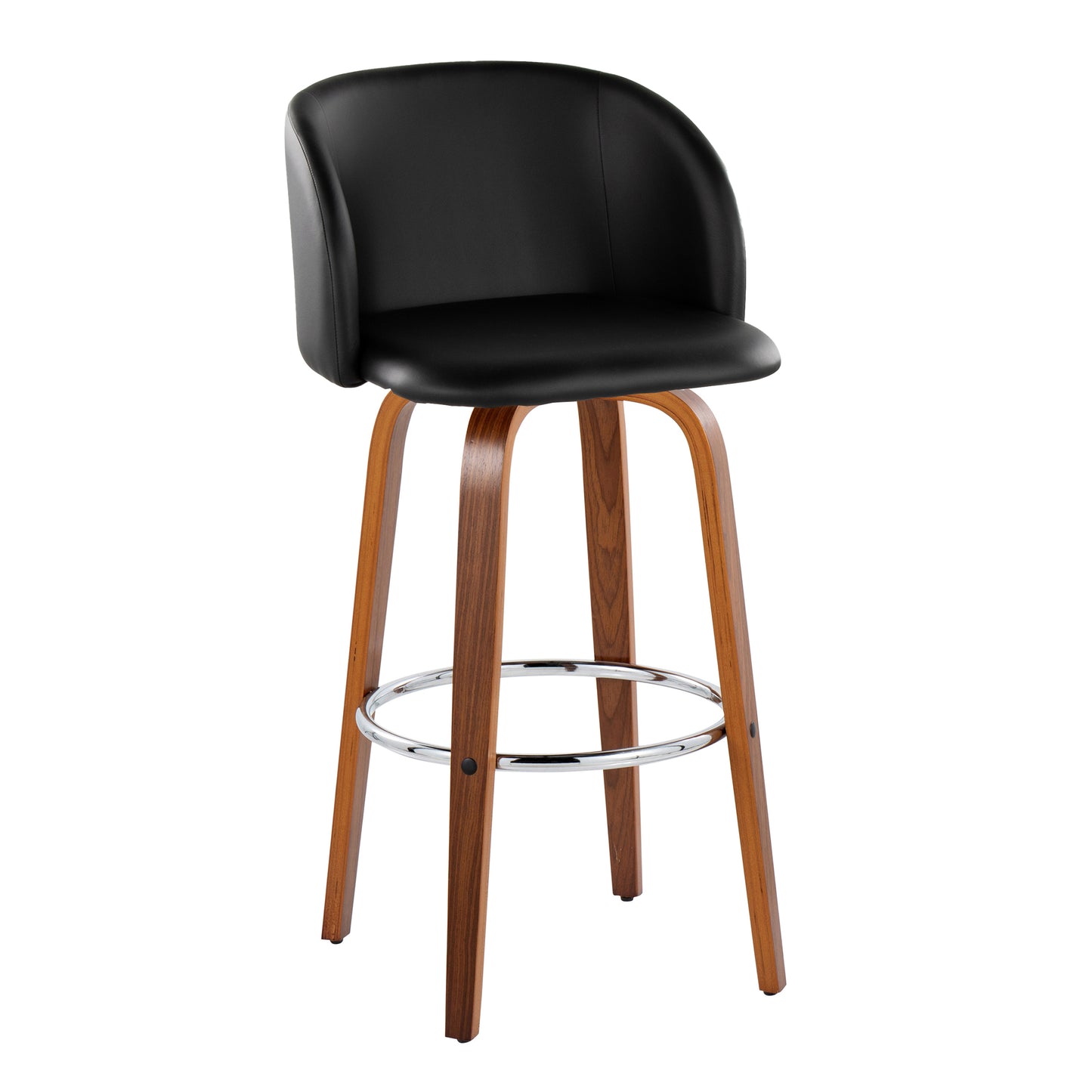 Fixed-Height Barstool with Swivel in Walnut Wood and Black Faux Leather with Round Chrome Metal Footrest - Set of 2