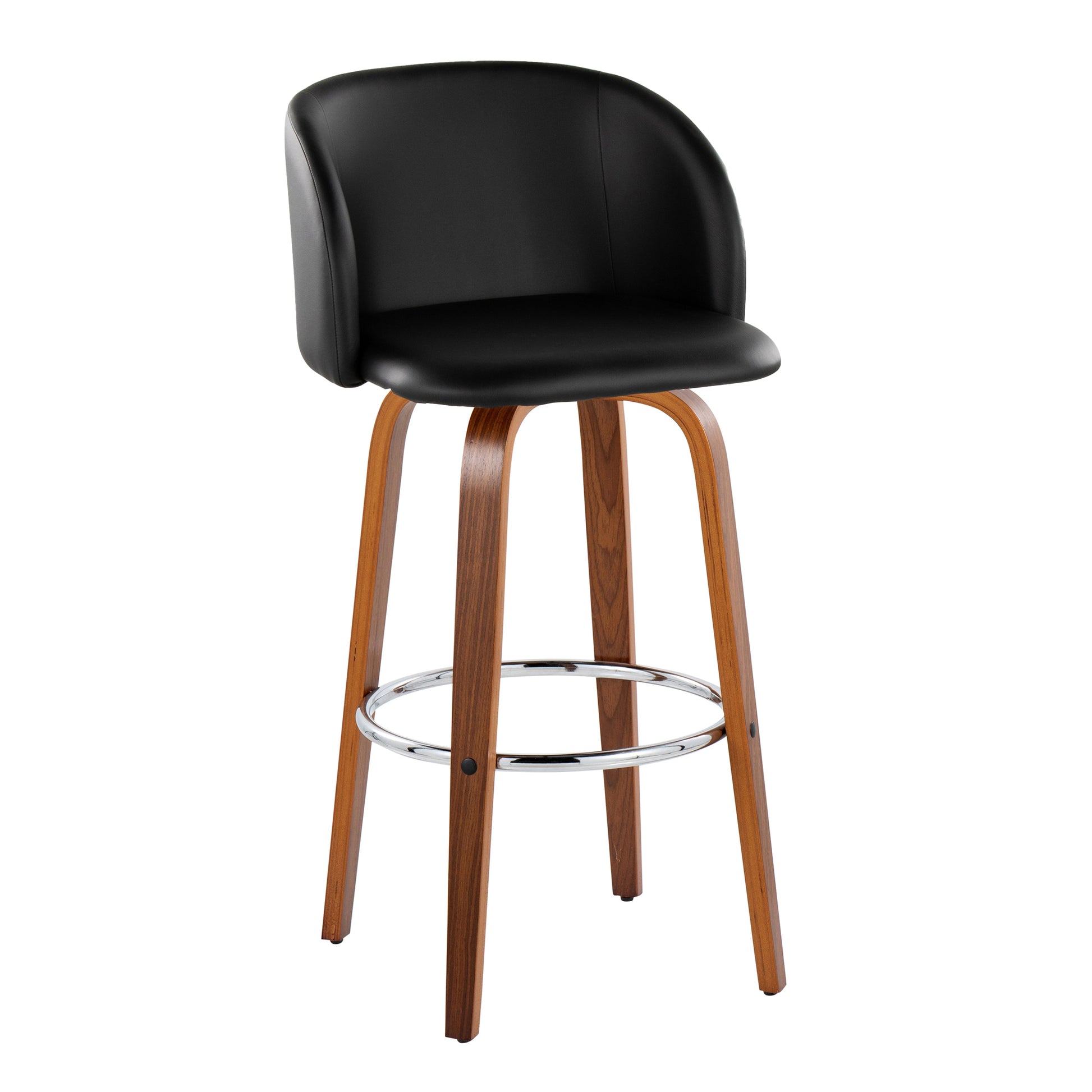 Fixed-Height Barstool with Swivel in Walnut Wood and Black Faux Leather with Round Chrome Metal Footrest - Set of 2