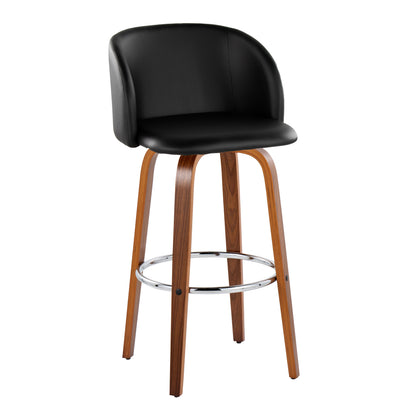 Fixed-Height Barstool with Swivel in Walnut Wood and Black Faux Leather with Round Chrome Metal Footrest - Set of 2