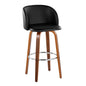 Fixed-Height Barstool with Swivel in Walnut Wood and Black Faux Leather with Round Chrome Metal Footrest - Set of 2