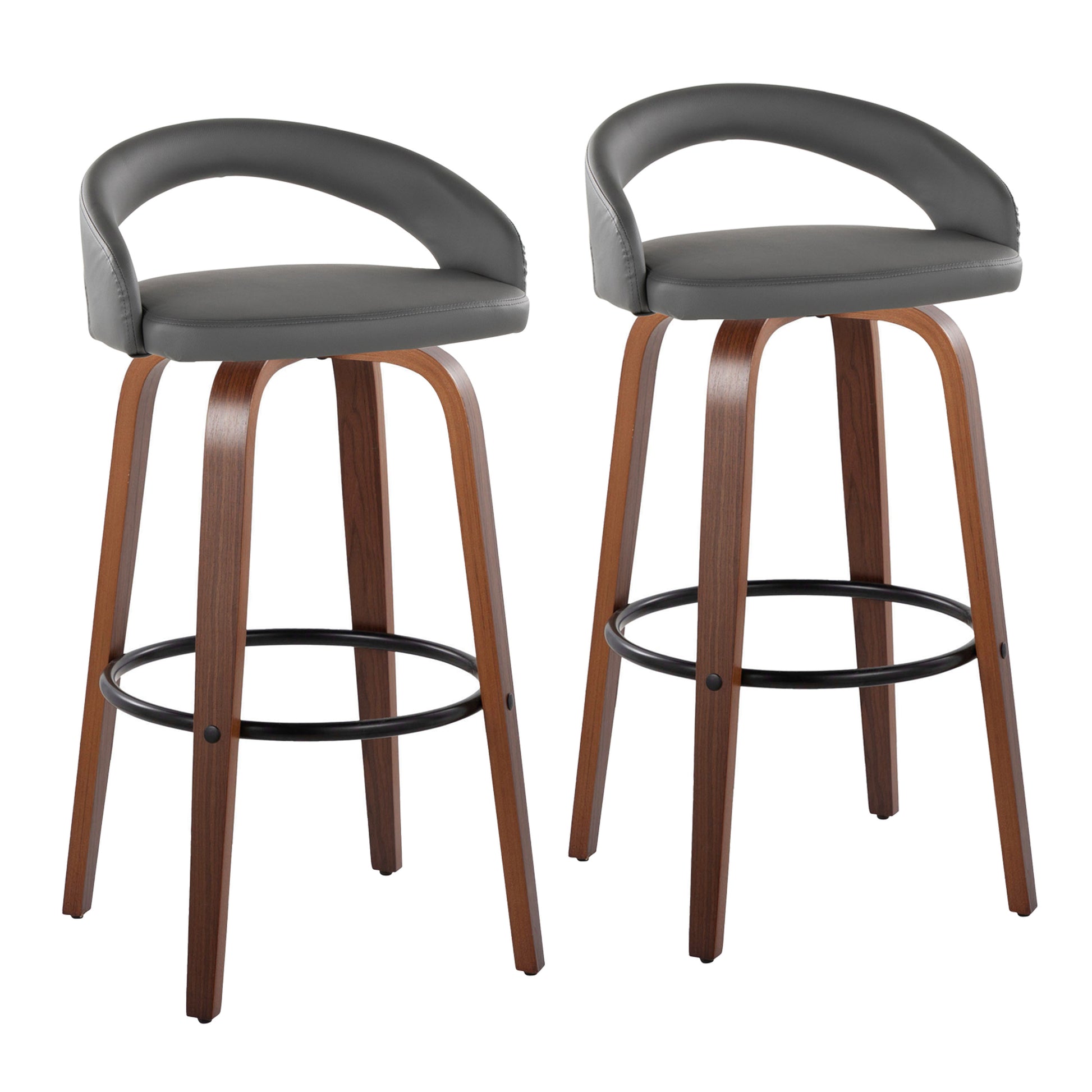 Fixed-Height Barstool with Swivel in Walnut Wood and Grey Faux Leather with Round Black Metal Footrest - Set of 2