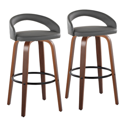 Fixed-Height Barstool with Swivel in Walnut Wood and Grey Faux Leather with Round Black Metal Footrest - Set of 2
