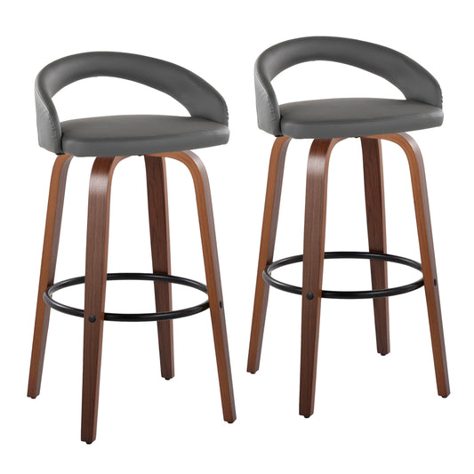 Fixed-Height Barstool with Swivel in Walnut Wood and Grey Faux Leather with Round Black Metal Footrest - Set of 2