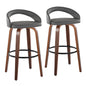 Fixed-Height Barstool with Swivel in Walnut Wood and Grey Faux Leather with Round Black Metal Footrest - Set of 2