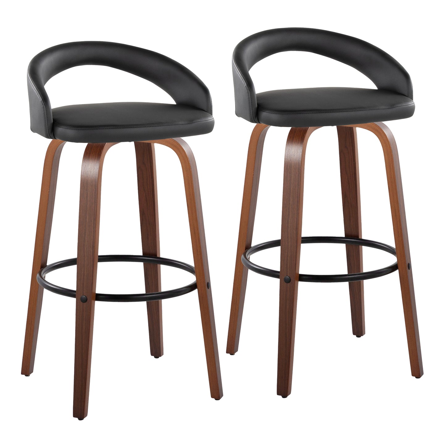 Fixed-Height Barstool with Swivel in Walnut Wood and Black Velvet with Round Black Metal Footrest - Set of 2