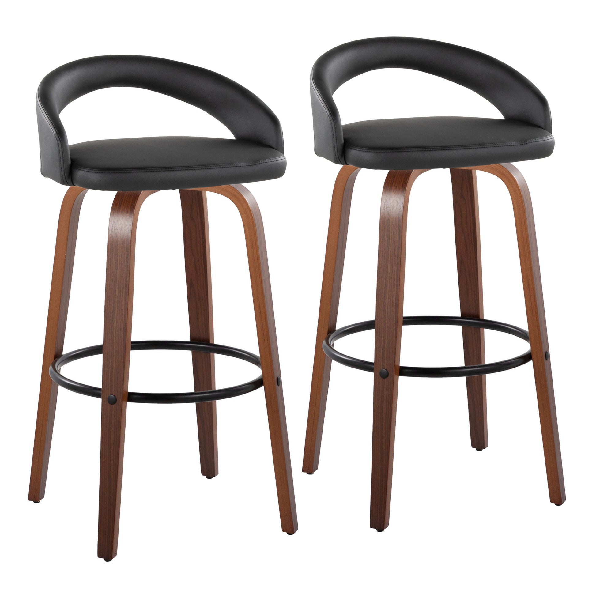 Fixed-Height Barstool with Swivel in Walnut Wood and Black Velvet with Round Black Metal Footrest - Set of 2