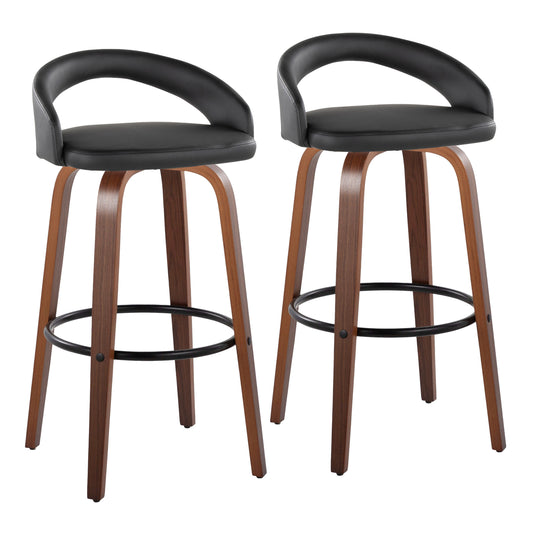 Fixed-Height Barstool with Swivel in Walnut Wood and Black Velvet with Round Black Metal Footrest - Set of 2