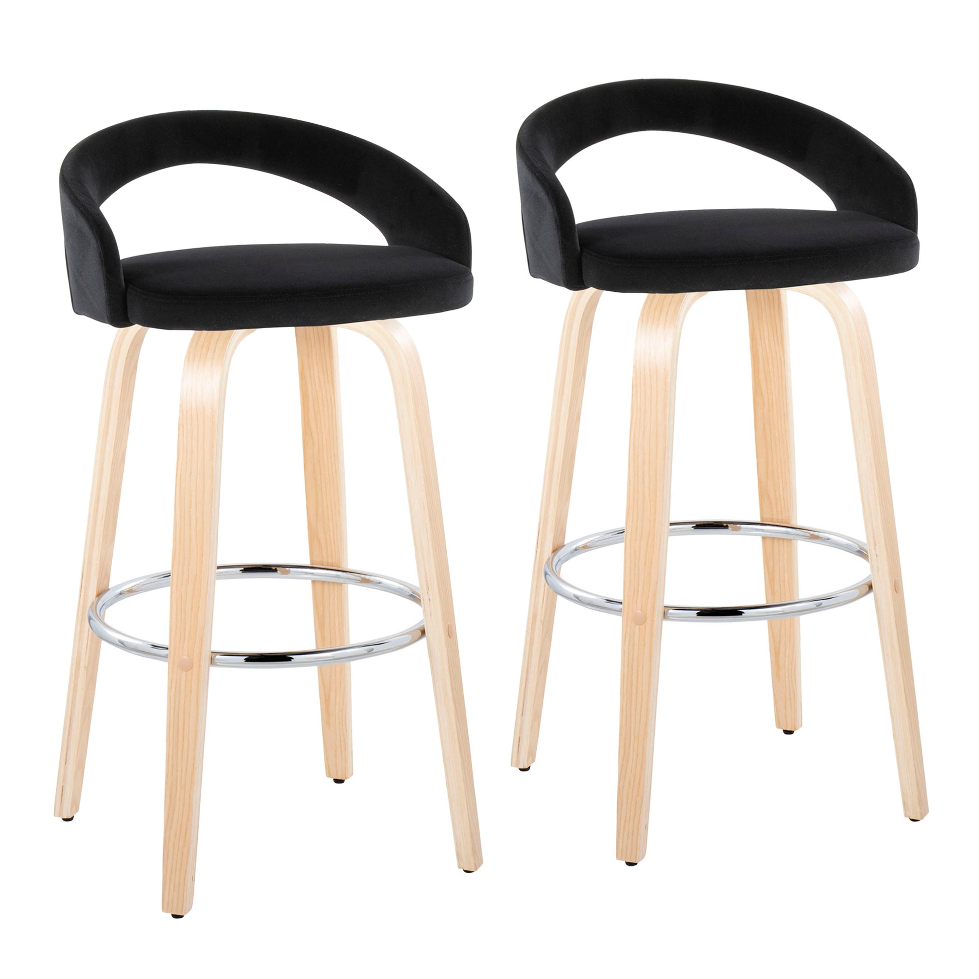 Fixed-Height Barstool with Swivel in Natural Wood and Black Velvet with Round Chrome Metal Footrest - Set of 2