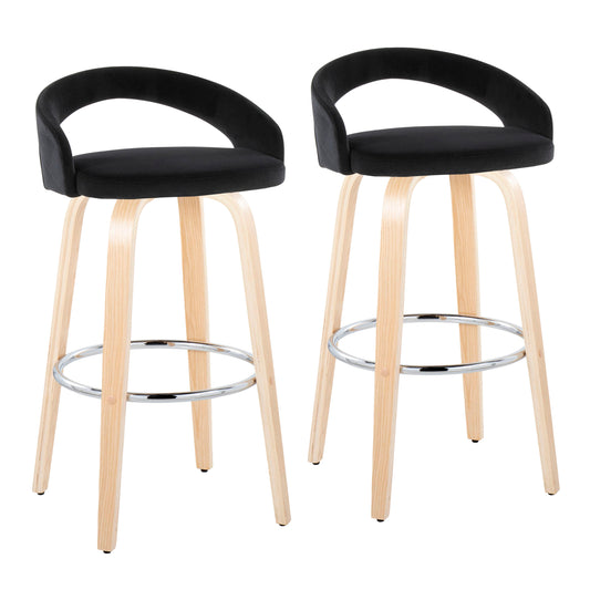 Fixed-Height Barstool with Swivel in Natural Wood and Black Velvet with Round Chrome Metal Footrest - Set of 2