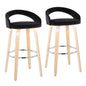 Fixed-Height Barstool with Swivel in Natural Wood and Black Velvet with Round Chrome Metal Footrest - Set of 2